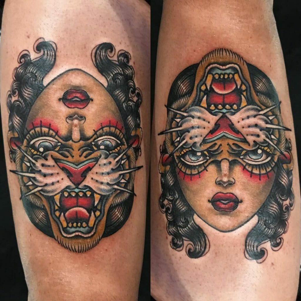 Traditional Upside Down Girl Tattoo