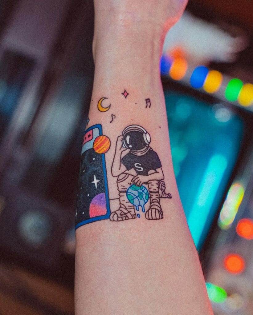 Trippy Space Theme Tattoo Forearm ideas