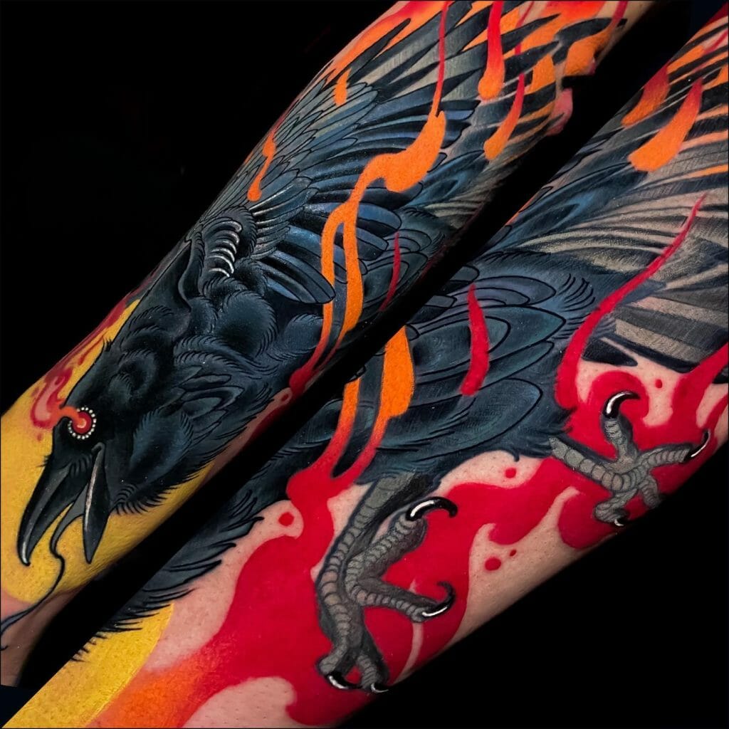 Vibrant Raven Double-Sleeve Tattoo Idea