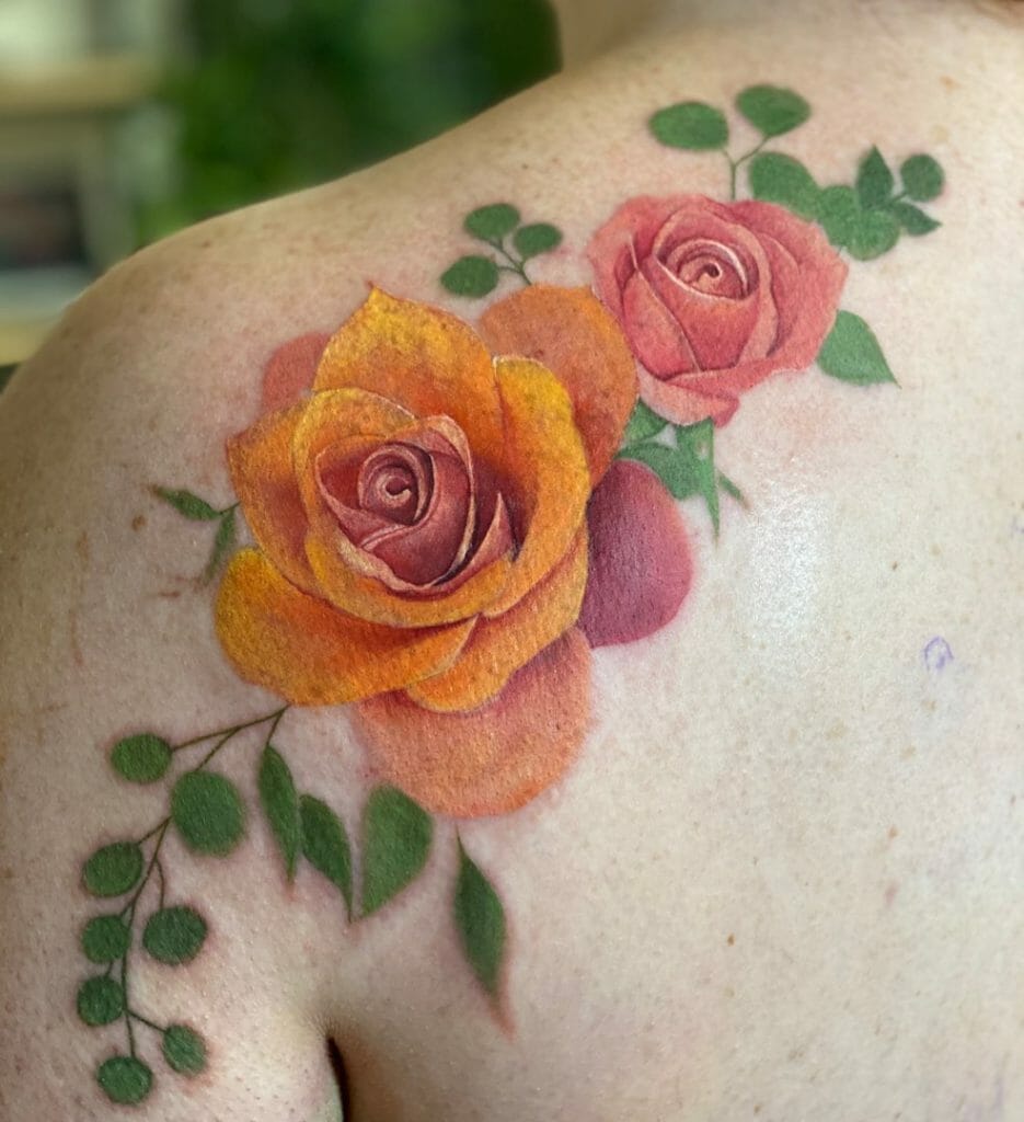 Watercolor Yellow And Red Rose Tattoo