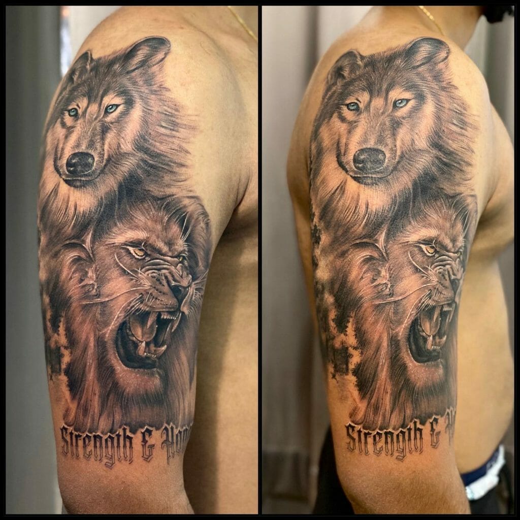 Wolf And Lion Detailed Tattoo