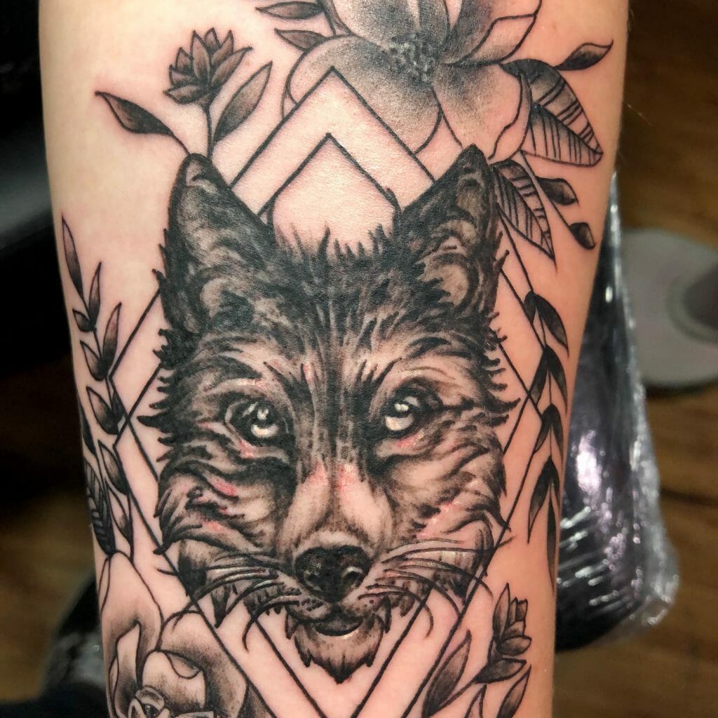 Wolf Flower Combo With Lines Tattoo