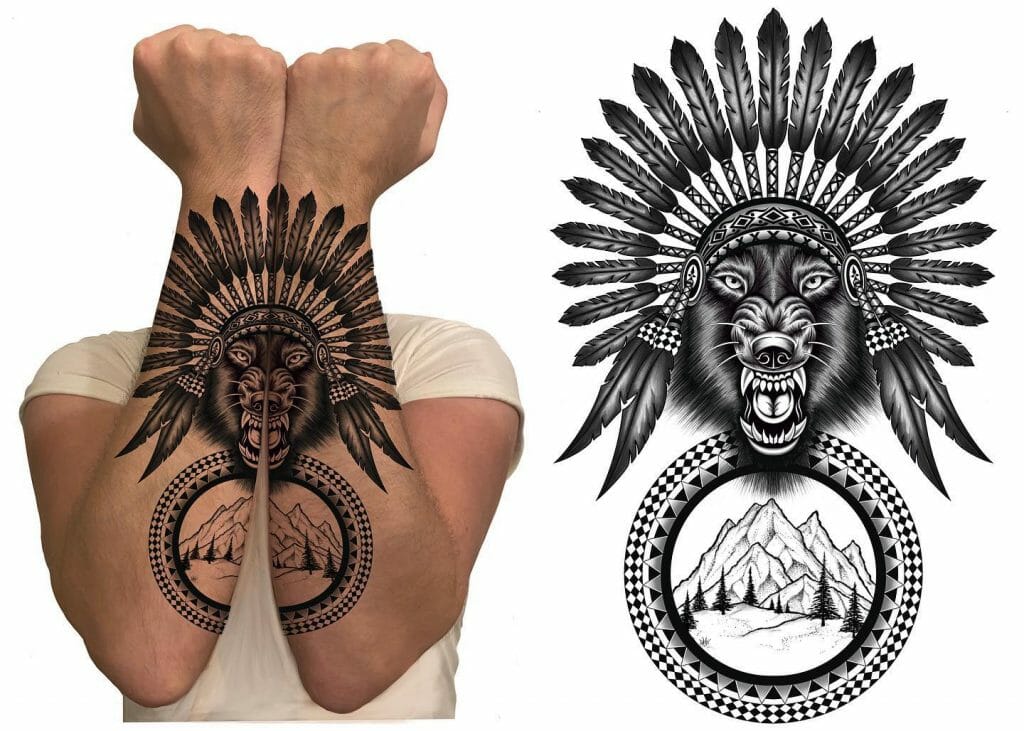 Wolf Wearing Tribal Headgear Tattoo