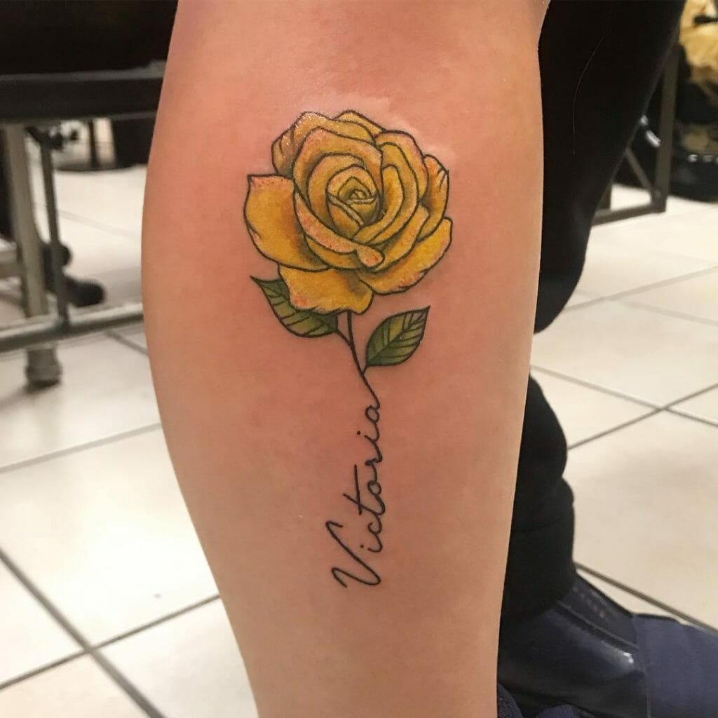 Yellow Rose Tattoo With A Meaningful Text