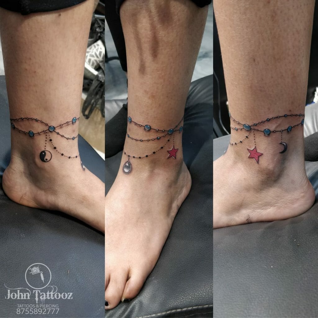 Yin-Yang Ankle Tattoo With Star and Moon