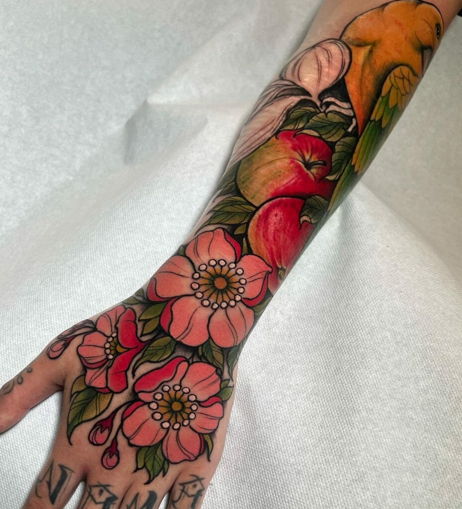 A Colourful Floral Sleeve Tattoo For Women