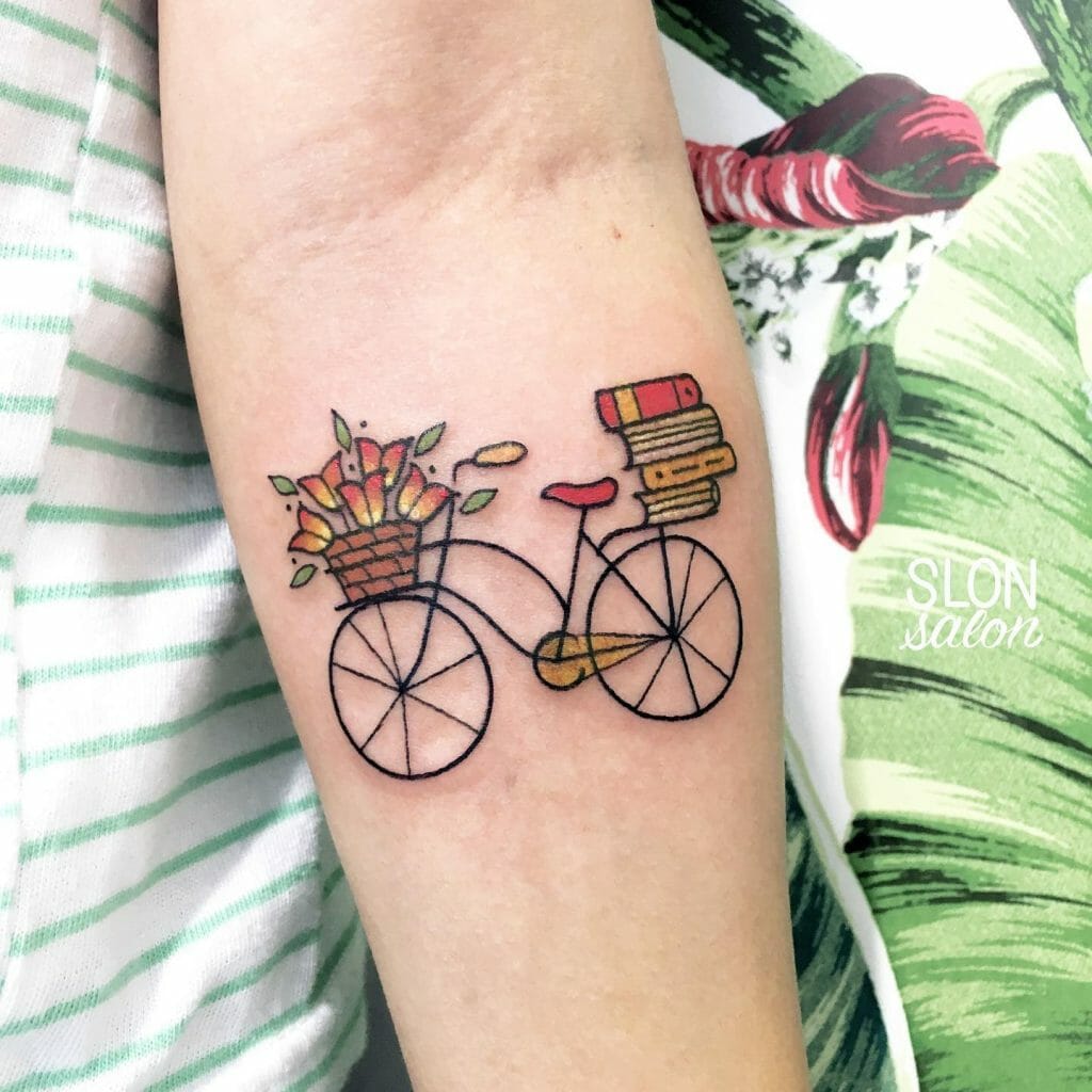 Adorable Bicycle with Stack of Books Tattoo Designs