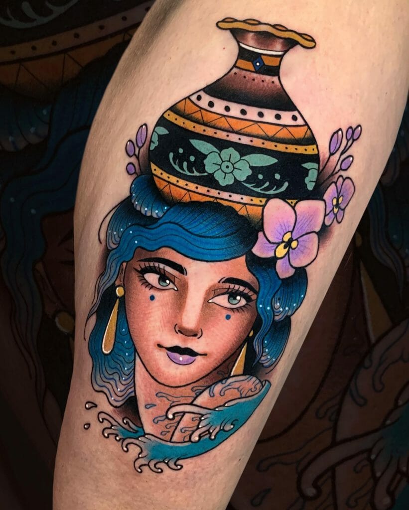 American Traditional Aquarius Colorful Tattoo