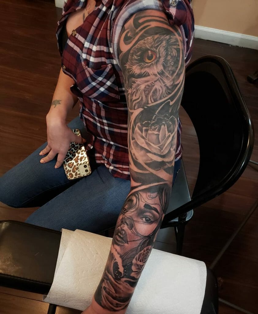 An Eagle And Woman Floral Sleeve Tattoo For Women