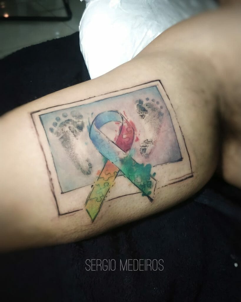 Autism Awareness Tattoo Ideas In Polaroid With Puzzle Ribbon