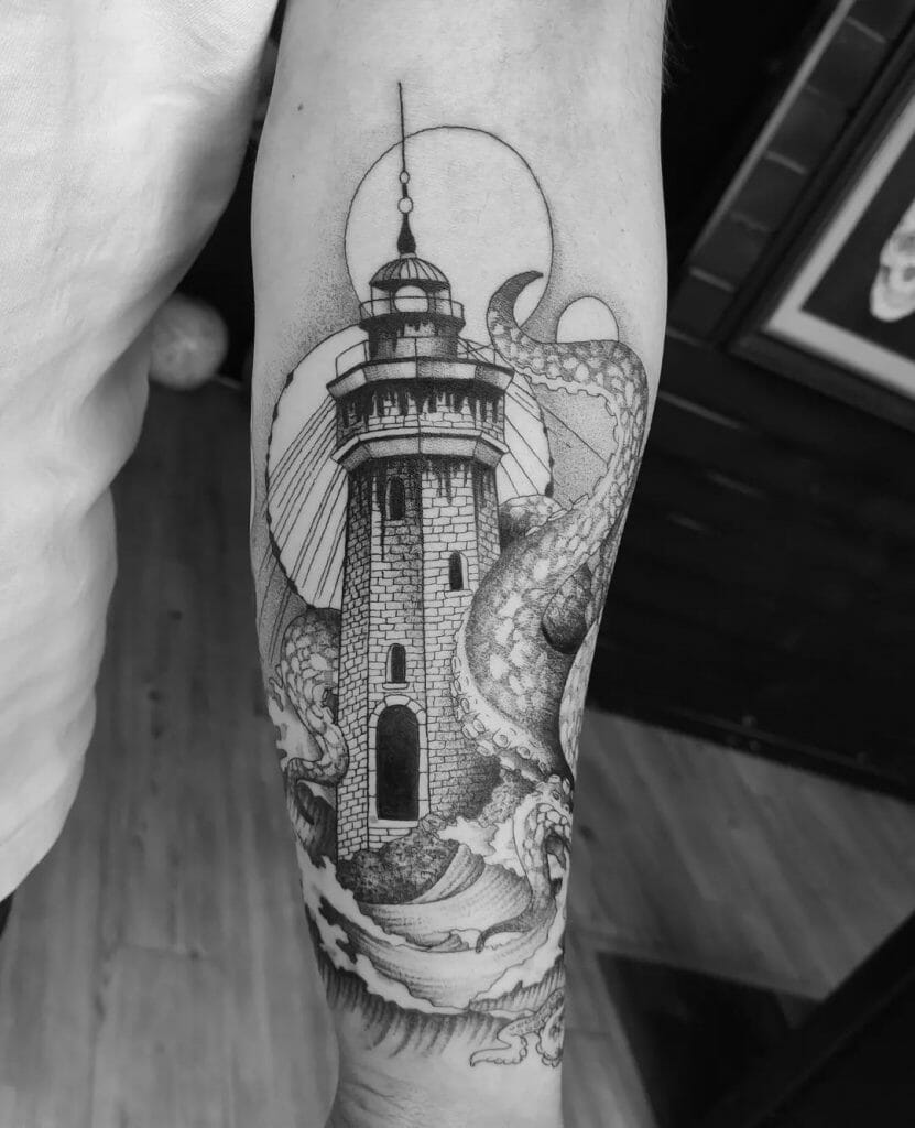 Awesome Lighthouse Tattoo Done Entirely In Black Ink