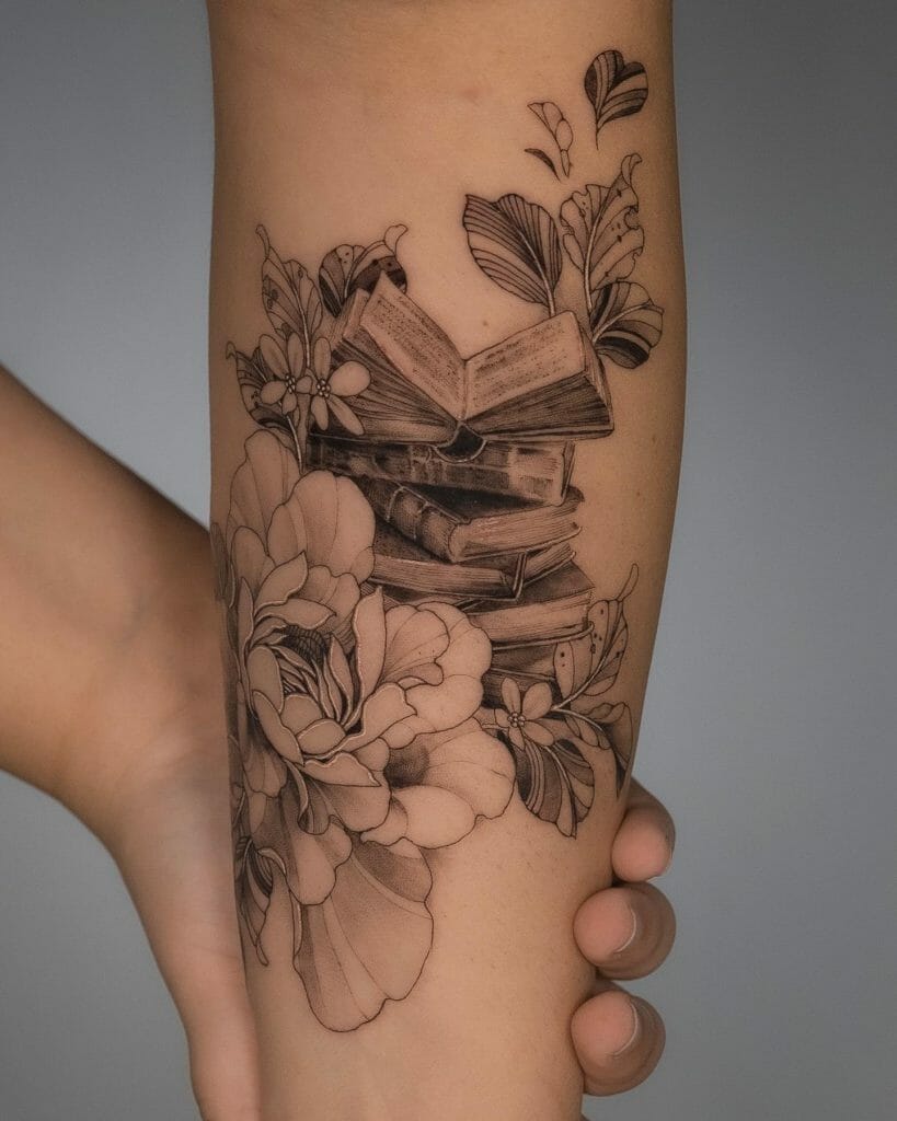 Beautiful Stack of Books and Flowers Tattoo Designs