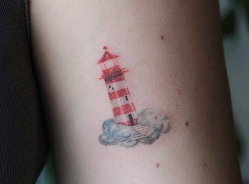 My mixed style lighthouse tattoo - realistic light house with illustrative  waves. : r/TattooDesigns