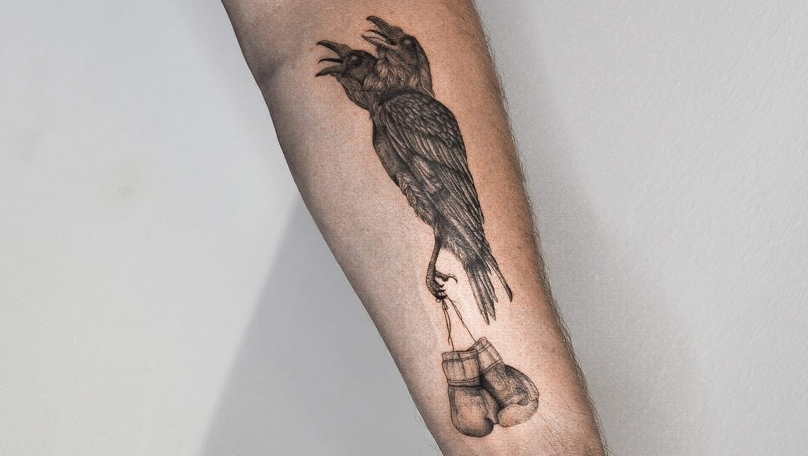 Sketchwork tattoo of a raven wrapping its wings around the arm on Craiyon