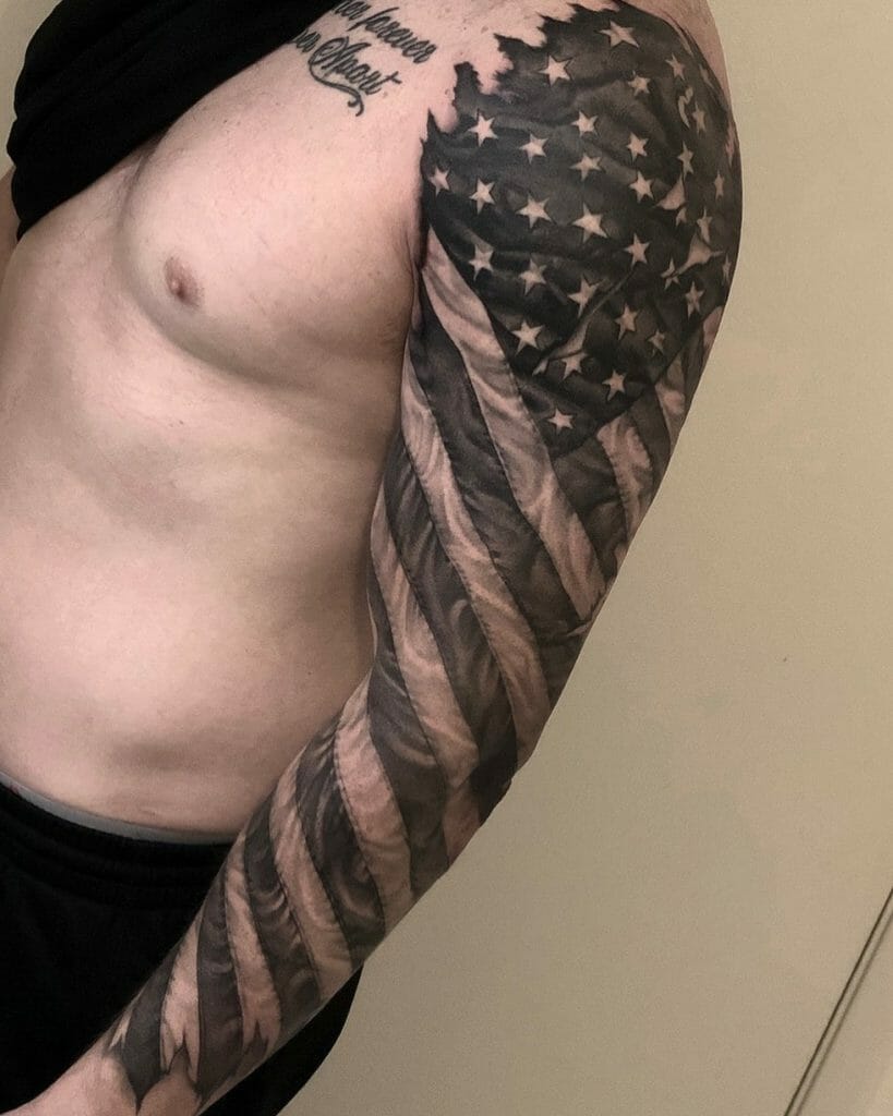 Black American Flag Tattoo For Entire Arm