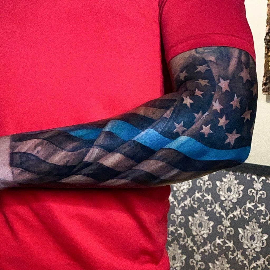 Black And Blue Half Sleeve American Flag Tattoos
