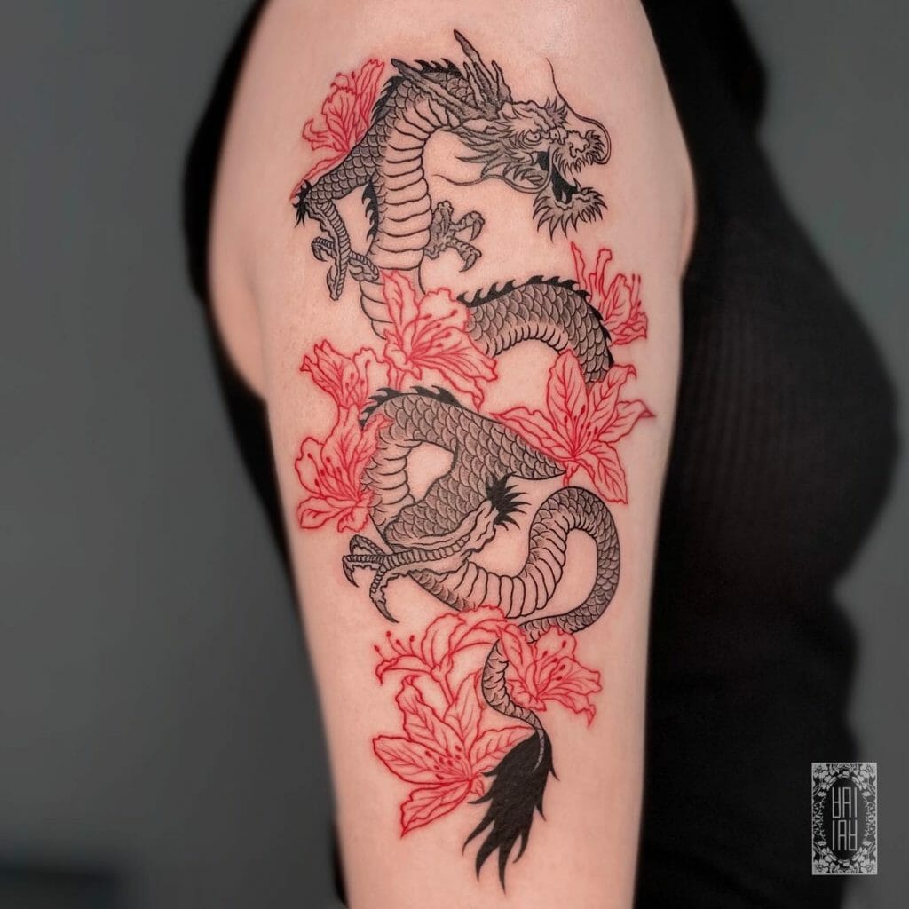 Black And Red Japanese Dragon Yakuza Tattoo For Upper Arm