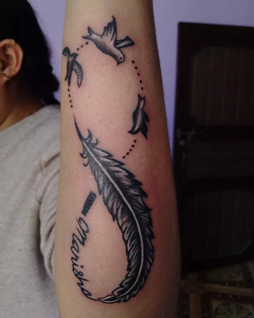 Black And White Birds And Feather Tattoo