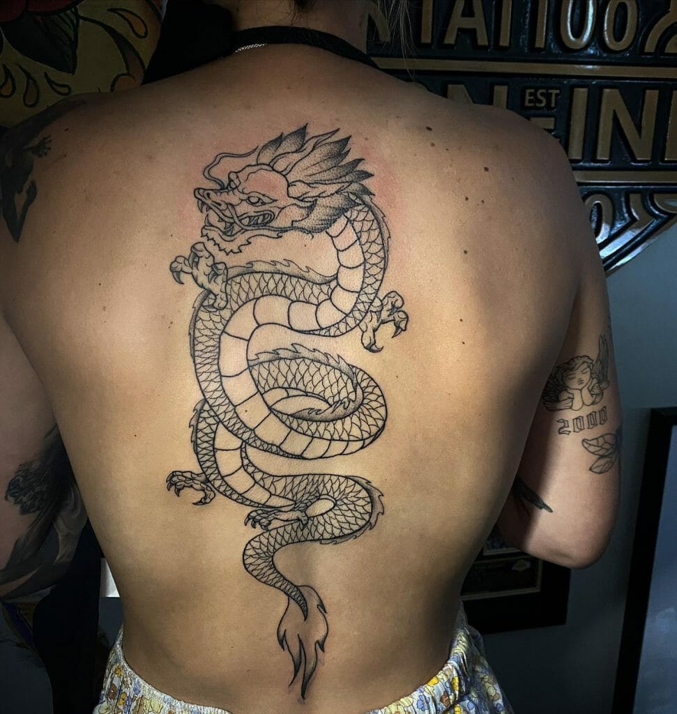 Black And White Dragon Yakuza Back Tattoo