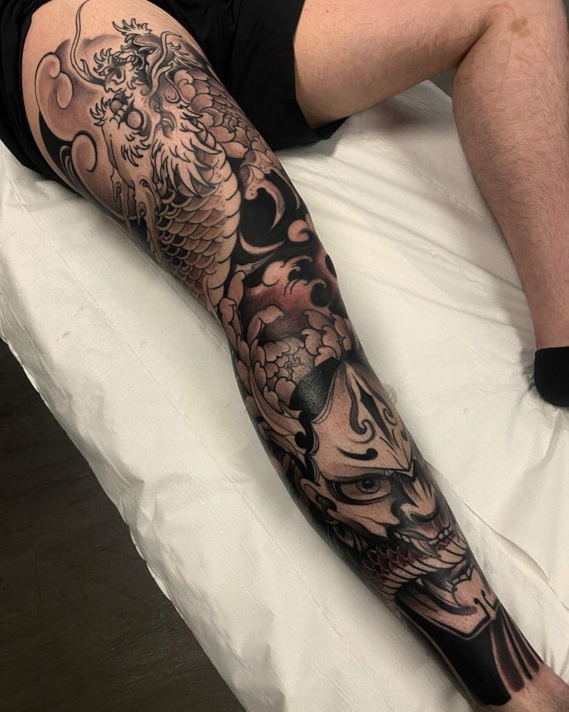 Black & Gray Japanese Leg Tattoo