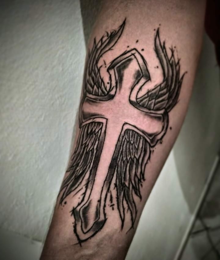 Black Sketch Cross With Angel Wings Tattoo Design