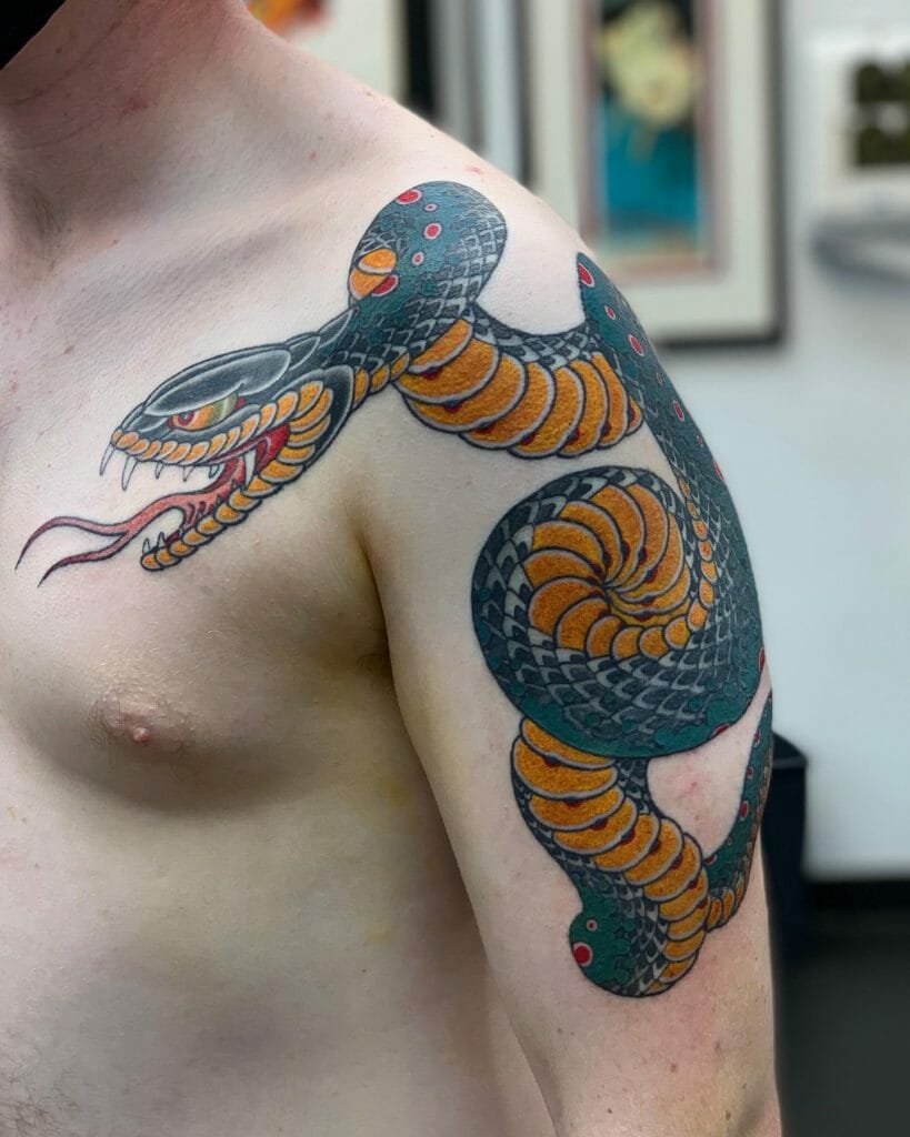 Blue And Yellow Venomous Snake Tattoo