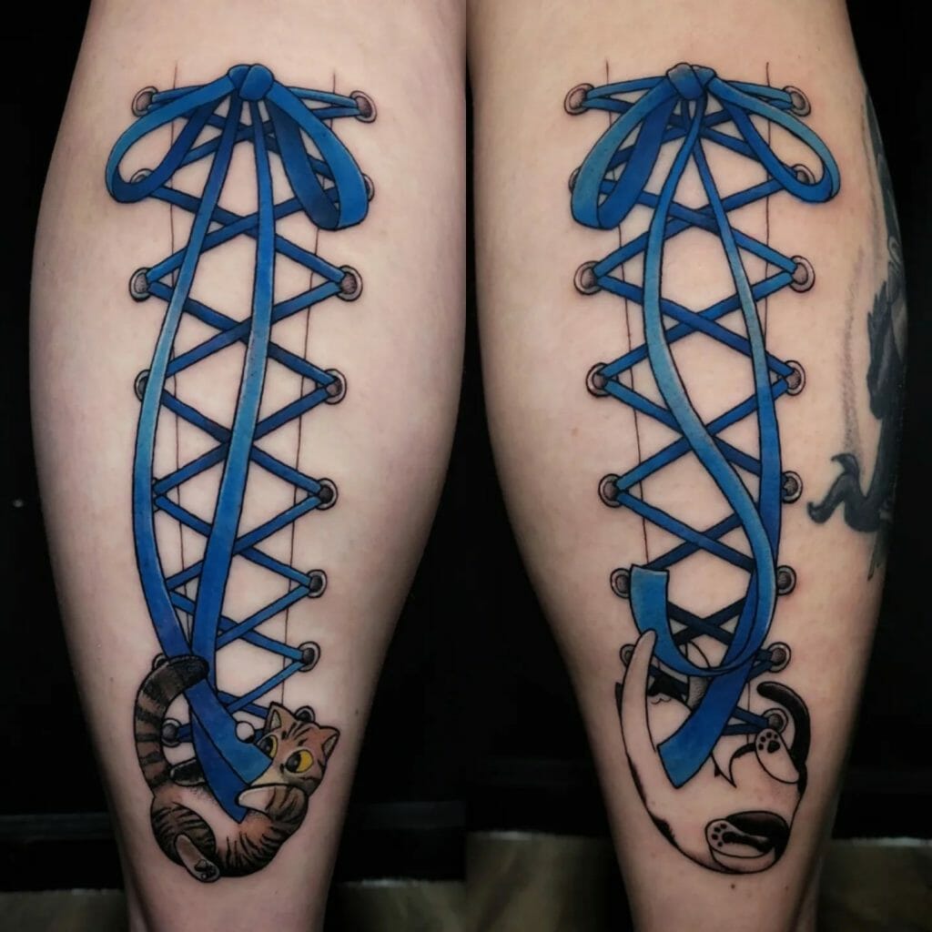 Blue Bow Tattoos With Ribbon And Cats