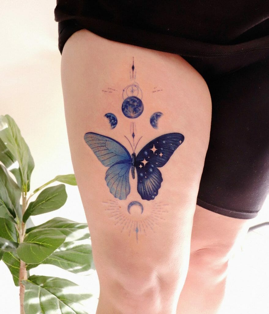 Blue Butterfly Thigh Tattoo