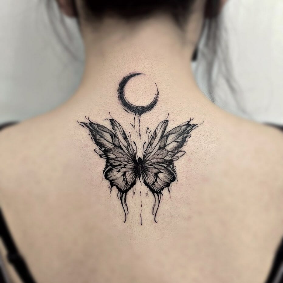 Butterfly Tattoo With Moon At The Back