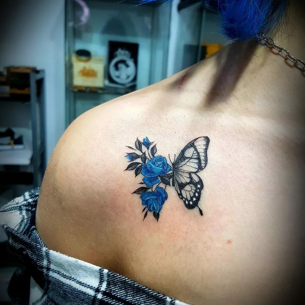 Butterfly With Blue Roses Tattoo