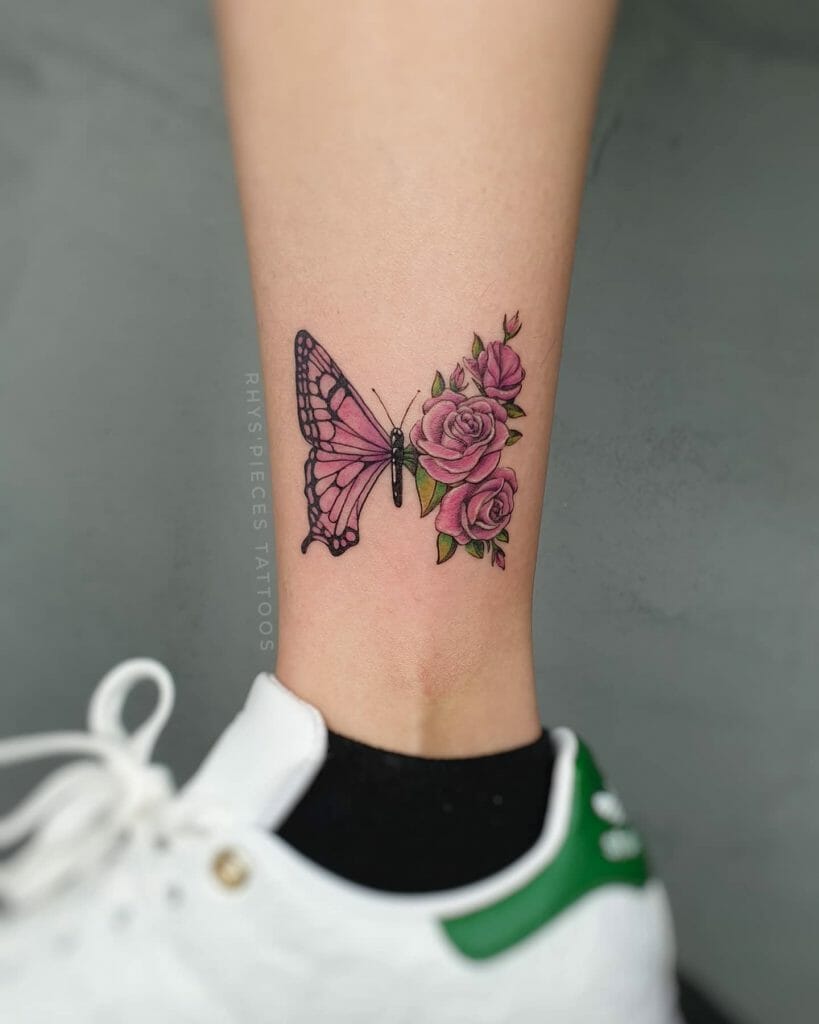 Butterfly With Pink Rose Tattoo
