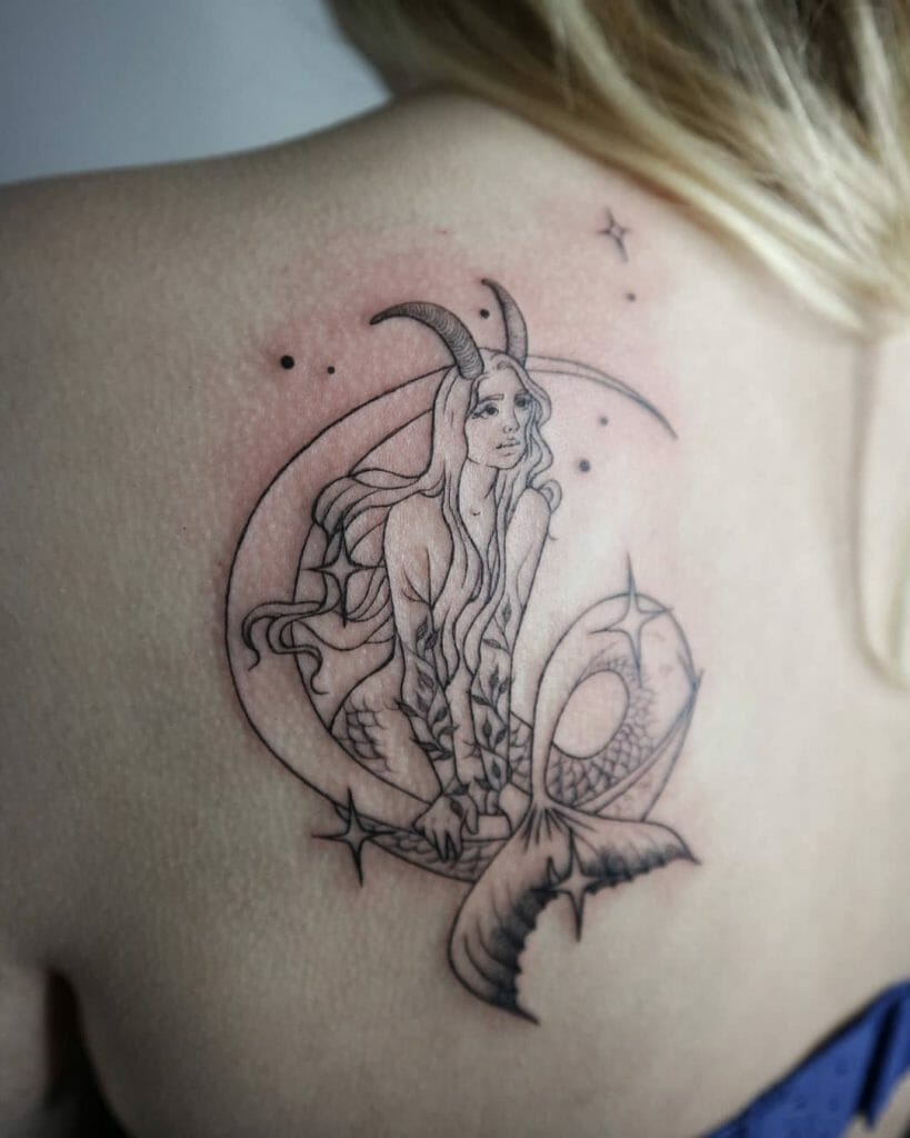 Capricorn Goddess Mermaid Tattoo On Back