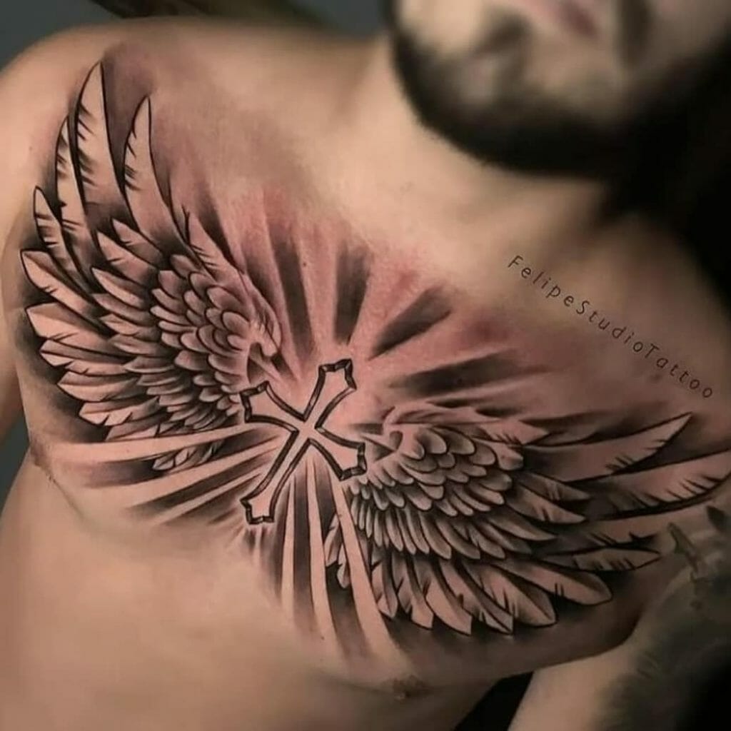 Chest Cross With Angel Wings Tattoo Broad