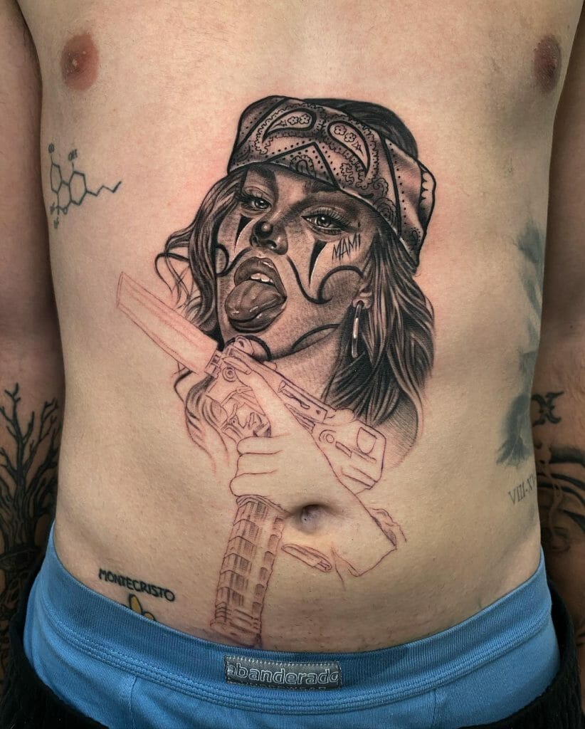 Chicano Woman Tattoo With Gun