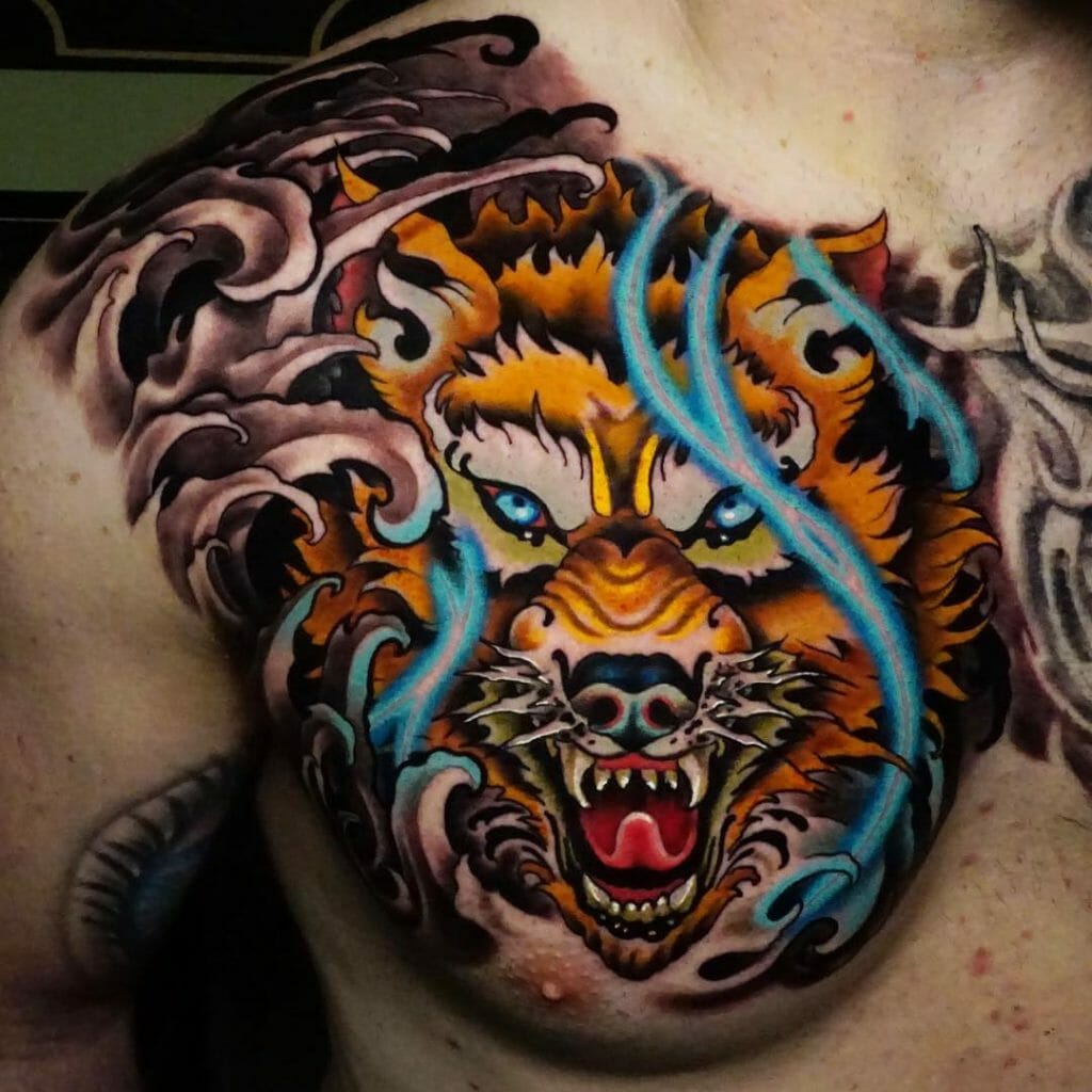 Colorful Fenrir Wolf Tattoo For Chest