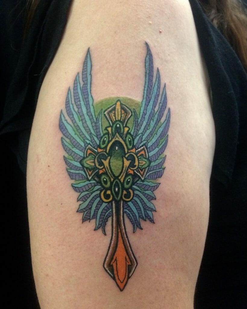 Colorful Illustrated Cross With Wings Tattoo Design