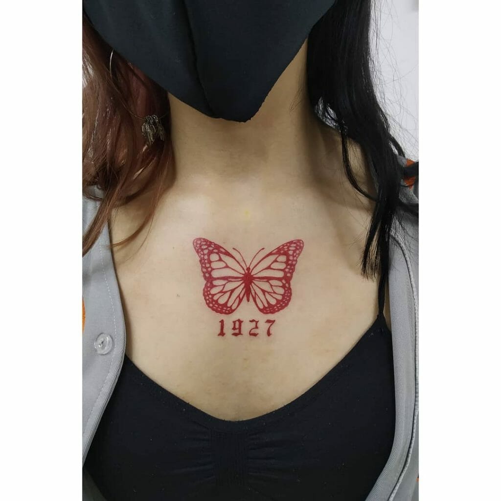 Colourful Butterfly Tattoo With Old English Numbers