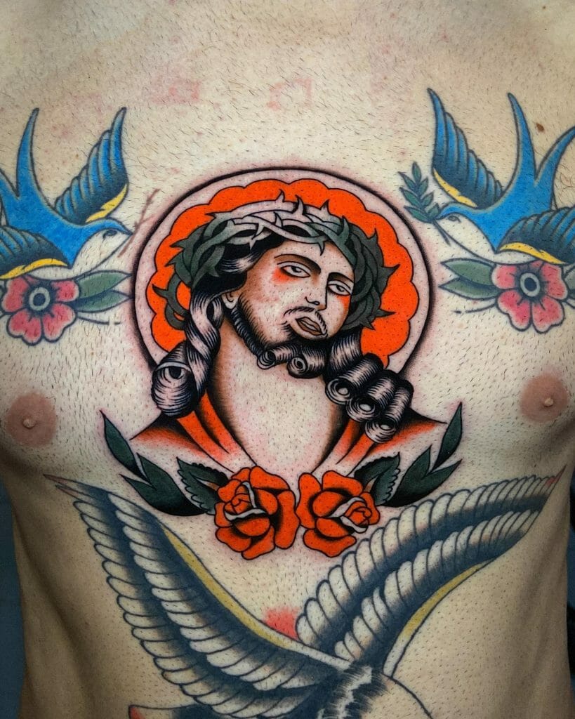 Colourful Jesus Christ Tattoo With Bird On The Sides