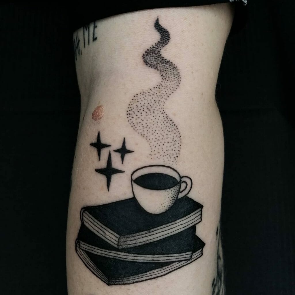 Cute Black and Grey Stack of Books with Coffee Cup Tattoo Ideas