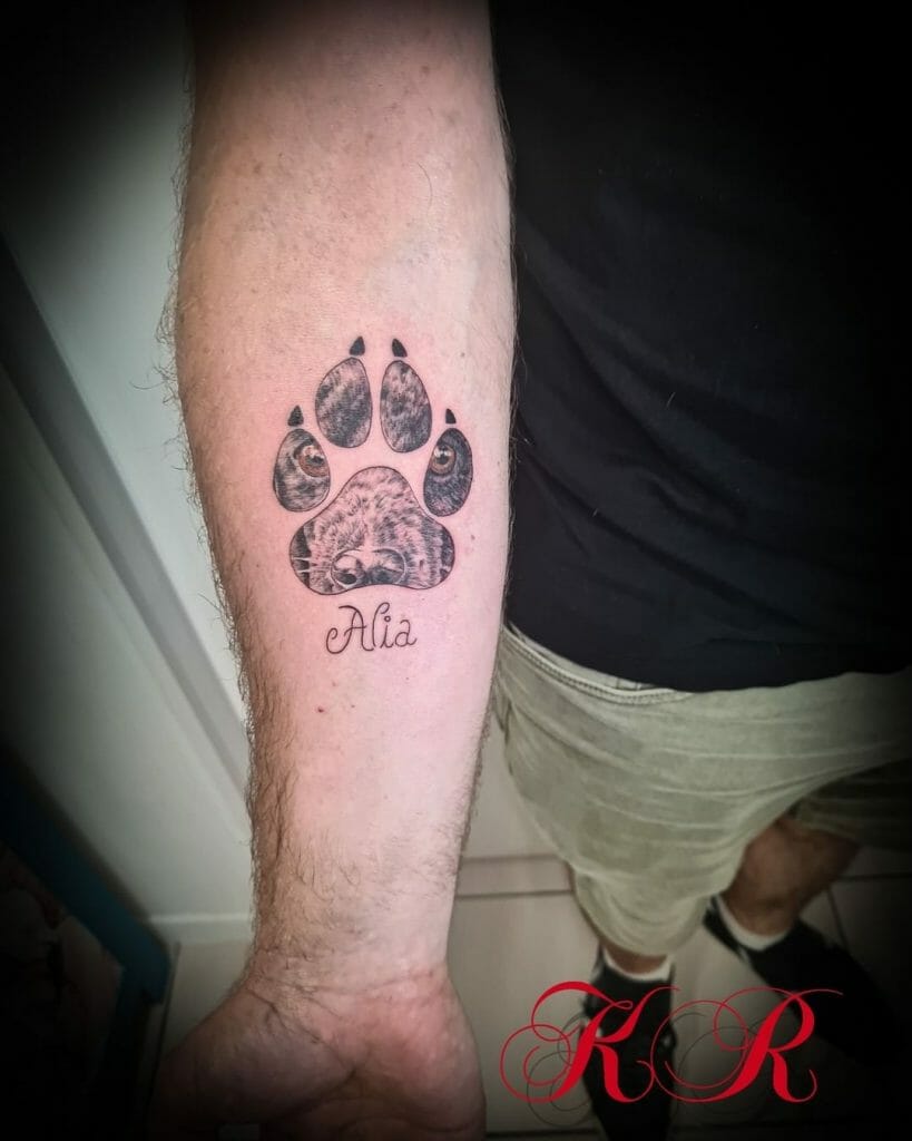 Cute Dog Paw Tattoo With Name For Your Arm