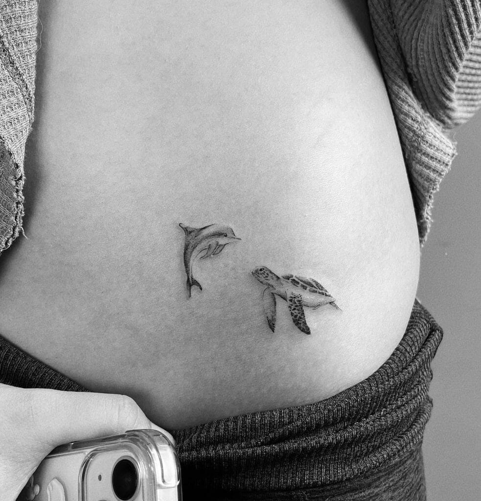 Cute Dolphin Tattoos With Other Aquatic Animals