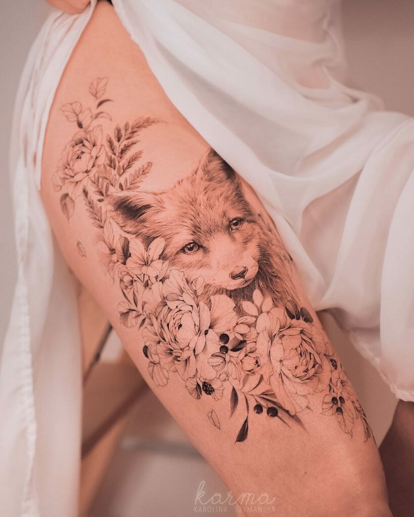 Cute Fox Tattoo Designs Accentuated With Flowers