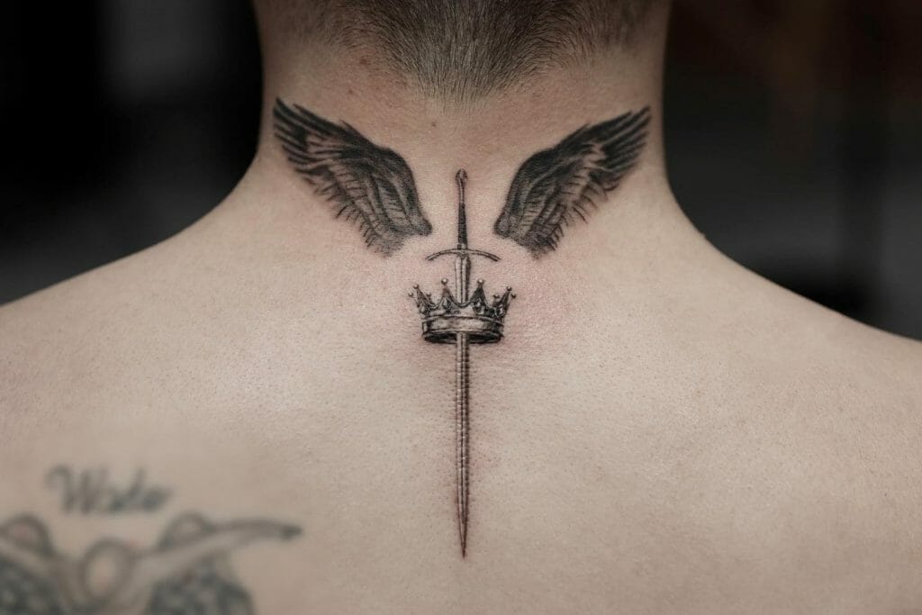 Detailed Angel Wings, Sword and Crown Tattoos