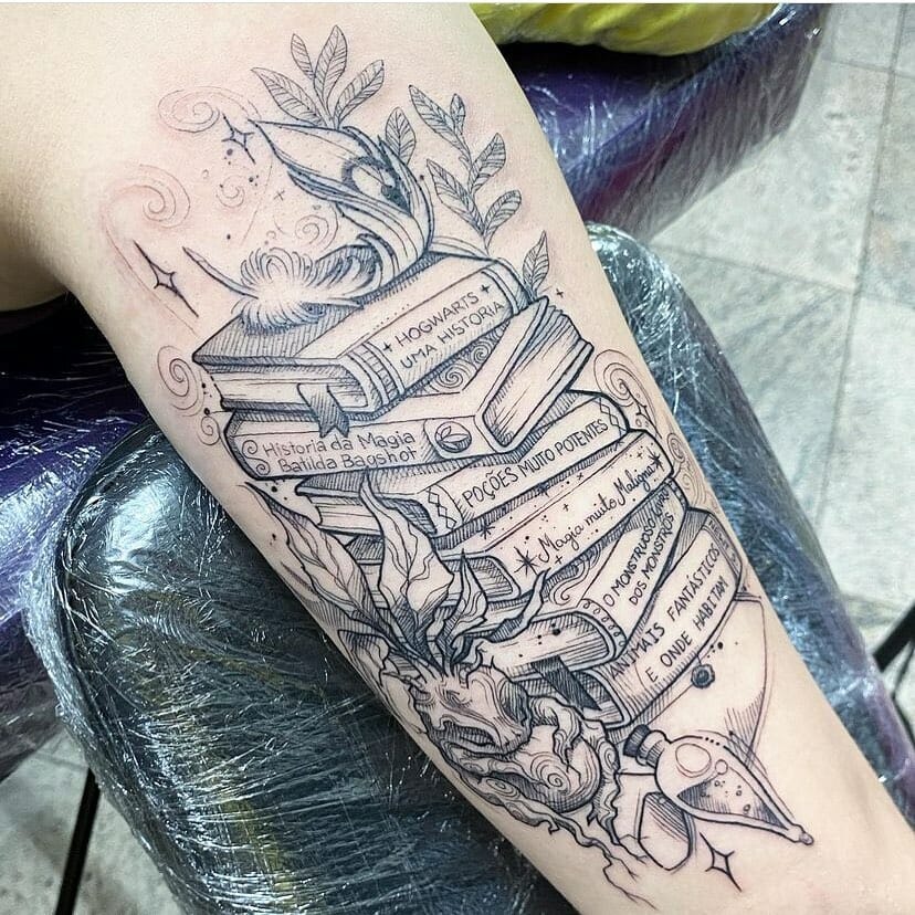 Detailed Harry Potter Themed Stack of Books Tattoo