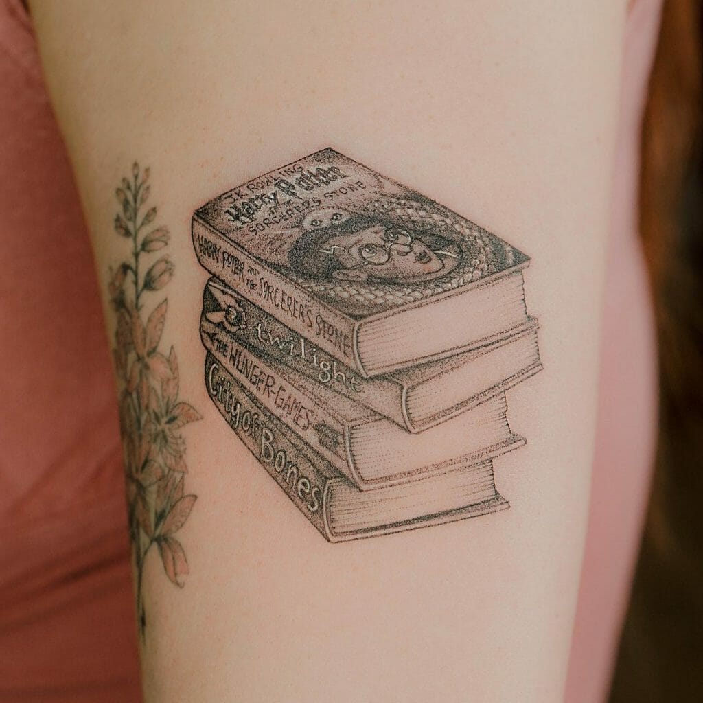 Detailed Stack of Books Tattoos with Book Names