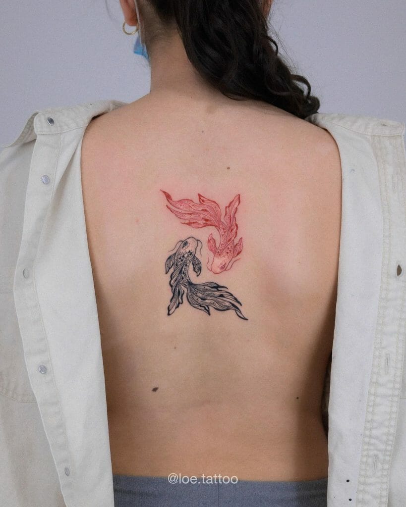 Double Back Tattoo With Koi Fish