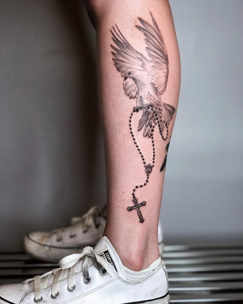 Dove With Wings Spread Rosary Tattoo Designs