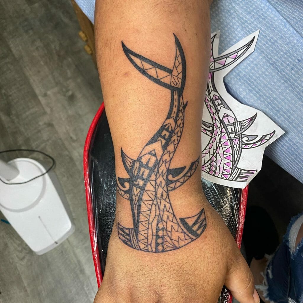 Elongated Wrist Tribal Hammerhead Shark Tattoo