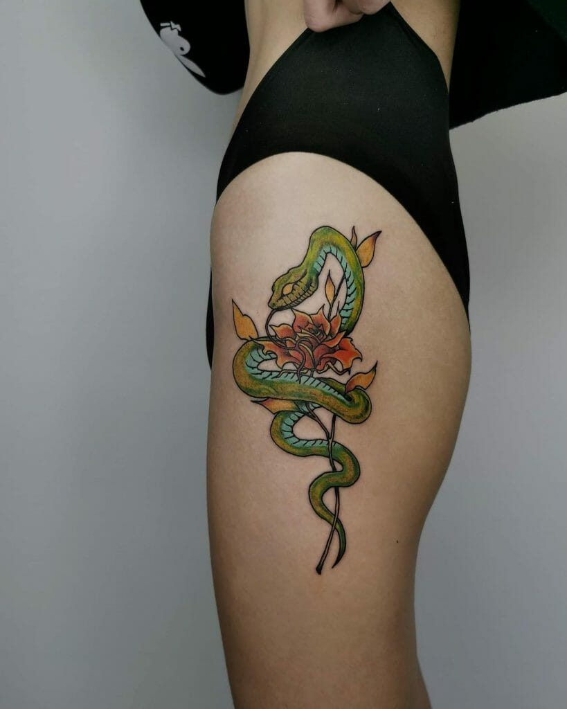 Enticing Snake And Rose Tattoo
