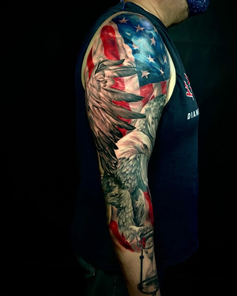 Entire Arm American Flag Sleeve Tattoo